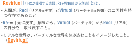 �uRevirtual�v�iIHC���񏥂��鑢��ARe+Virtual ����n���j�Ƃ́A�E�l�Ԃ��AReal�i���A��=���݁j��Virtual�i�o�[�`����=���z�j�̓�ʐ��������݂ł��邱�ƁB�ERe-=�u���ɖ߂��v�Ӗ�����AVirtual�i�o�[�`�����j����Real�i���A���j�̎������@���߂����ƁB�E���A���Ȑ��E���A�o�[�`�����Ȑ��E���ݍ��ނ��Ƃ��C���[�W�������ƁB�iRevirtual�j